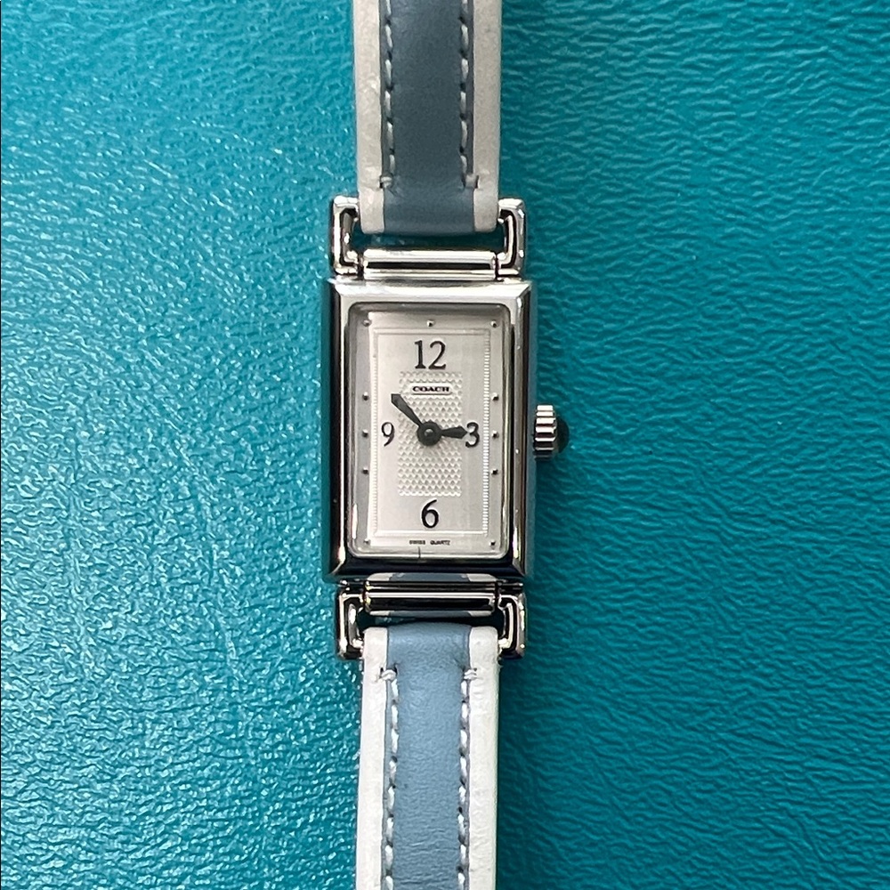 Coach Stainless Steel Light Blue and White Leather Rectangle Watch